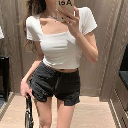 tshirt for women in 2024 tight fitting square neckline sleeved tshirt high waisted short style exposed waist outerwear bottom layer top womens