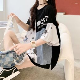 Women's T Shirts Real S Of Korean Style Cotton Denim Mid Length Patchwork Short Sleeved T-shirt For Women In Large Size
