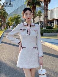 Casual Dresses Office Ladies Slim Fit Elegant Tweed Dress Long Sleeve Spring Autumn Short A-Line Lapel High Waist Women Fashion