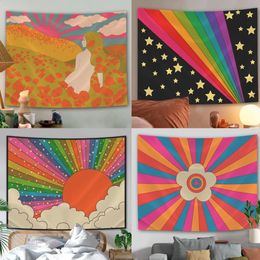 Boho Sun Tapestry Wall Hanging Moon Phase Rainbow Tapestries Bedroom Decor Bedspread Throw Cover 240314