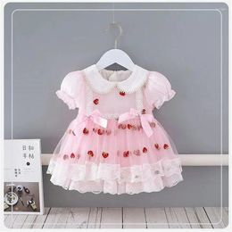 Girl Dresses Summer Pink Strawberry Printed Girls Dress Middle Small Children Cute Fluffy Baby Sweet Short-sleeved Lapel