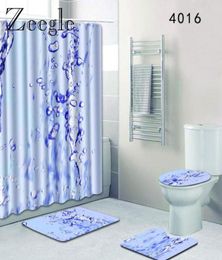 Printed Water Drop Bath Mat and Shower Curtain Set Flannel Toilet Seat Cover Anti Slip Absorbent Foot Rug Bathroom Carpet Set379621101371