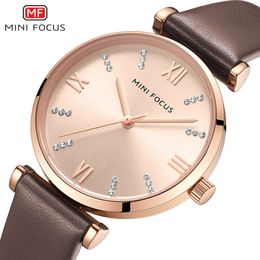 MINI FOCUS Brand Minimalist and Fashionable Women's Watch, Japanese Movement Waterproof Diamond Inlaid Leather Strap 0335L