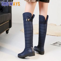 Boots 2024 Winter Women Thigh High Snow Boots Blue Waterproof Down Round Toe Lady Wedge Platform Fur Badge Over the Knee Riding Boots