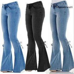Женские джинсы со средней талией, эластичные женские расклешенные брюки со шнуровкой