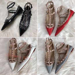 shoes designer women's Sandals pointed toe 2-straps studs flat luxury genuine leather Rivets strappy dress shoes black white nude red Summer women shoes sandals