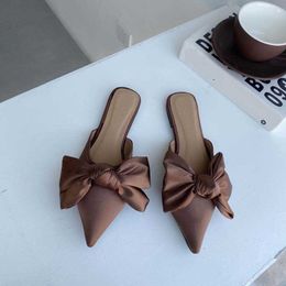 HBP Non-Brand Womens Shoes Spring Style Sweet Big Bow Ribbon Silk Pointed Toe Flat Ladies Slippers