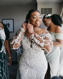 African Plus Size Mermaid Wedding Dresses With Detachable Train Sheer Long Sleeves Beaded Appligued Bridal Gowns Custom Vestidos De Novia Luxury