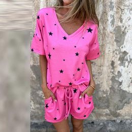 Women's Tracksuits Fashion Star Print Shorts Outfits Sexy V-neck Pullover Top & Suits Women Casual Short Sleeve Elastic Waist Loose2Pc Sets