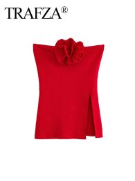 Tops TRAFZA Summer Knitting Tank Tops Woman Trendy Red Appliques Decorate Sexy Strapless Sleeveless Front Slits Female Short Tops