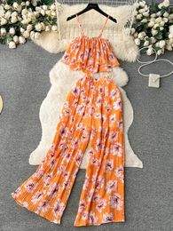 Women's Two Piece Pants Summer Women Floral Printed Draped Set Sexy Vacation Beach Spaghetti Strap Short Tops Camis Wide Leg Pant Suit