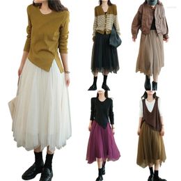 Skirts Women Fashion Mid-Length Tulle Skirt Solid Colour Elastic High Waist Irregular A-Line For Spring Autumn 5 Colours