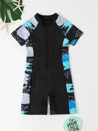 Women's Swimwear Boy One Piece Swimsuit 2024 Black Short Sleeve Zipper Children Bodysuit Monokini Summer Beach Swimming Bathing Suit