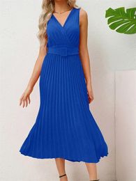 Casual Dresses 2024 Elegant Women Long Pleated Party Dress With Belt Sleeveless V Neck Solid Office Tunic Midi Evening Ladies
