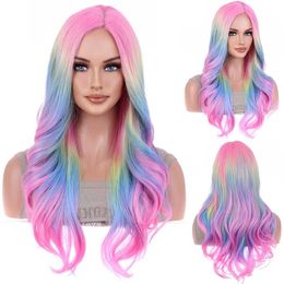 Synthetic Wigs Rainbow Ombre Wigs Long Wavy Wig for Women Colorful Ombre Curly Heat Resistant Synthetic Hair Wigs for Daily Used 240328 240327