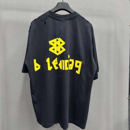 B Correct Version 23SS Yellow Tape Printed Wash Wear Out Worn Men's and Women's Loose Pure Cotton T-shirt Family