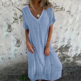Casual Dresses Cotton Linen Short Sleeve Loose Dress 2024 Summer Women's V-neck High Waist Long Vintage Solid Color Straight Beach