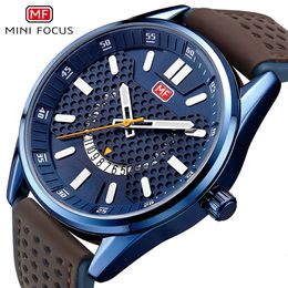 MINI FOCUS Marca minimalista e elegante relógio masculino jovem calendário luminoso pulseira de couro à prova d'água 0152G