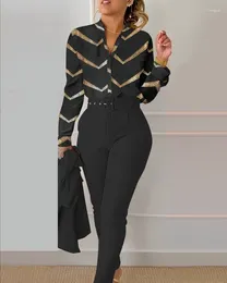 Women's Two Piece Pants 2024 Luxury Designer Young Casual Sweet Office Lady Shirt Set Full Sleeve Long Straight Slim Women 2