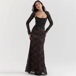 Party Dresses Black Lace Prom Dress 2 Pieces Set Sexy Srap Evening Full Sleeves Outfit Formal Tie Up Back Long Robe Vestido