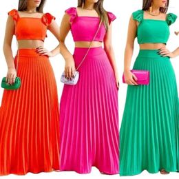 Work Dresses Summer Sexy Backless Solid Colour Pleated Women's Dress Set Casual Strap Pullover Short Top Fold High Waisted Skirt Two Piece