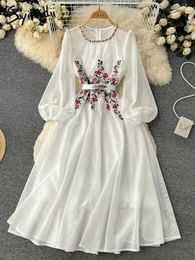 Casual Dresses Embroidery White Dress For Women Mesh Embroidered Flares Puff Sleeve O Neck Elegant High Waisted A Line