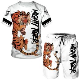 Summer Men's 3D Tiger Print Men's T-shirt Suit Casual Sportswear Streetwear Male Clothing Tracksuit Outfit Shorts 2 Pieces 003