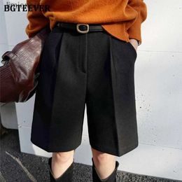 Women's Shorts BGTEEVER Winter Thicken Warm Woollen Shorts Women High Waist Straight Ladies Wide Leg ShortsC243128