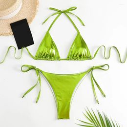 Women's Swimwear Chic Beachwear Bronzing Surface Halter Bra Lace-up Briefs Set Sexy Bikini For Quick Drying Swimsuit