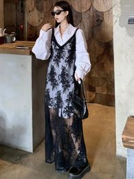 Casual Dresses Women's Spring Embroidery Lace V Neck Sling Dress Set Female With Inside Full Sleeve Short Shirt