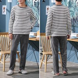 Men's Sleepwear Men Pyjama Set Relax Fit Loungewear Striped Round Neck Fall Winter Pyjamas With Thick Coral Fleece Top For Warm