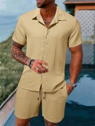 Mens shirt suit cotton and linen solid Colour striped shortsleeved casual oversized beach shorts summer street wear 240315