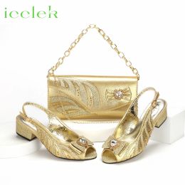 Pumps Gold Colour Comfortable Streamline Peep Toe Sandals Noble Ladies Low Heels Shoes and Bag for Wedding Dress