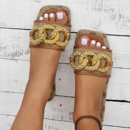 Slippers 2024 Summer Women's Sandals Solid Colour Outdoor Comfortable Non-slip Flat Bottom Gold Chain Open Toe