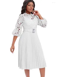 Casual Dresses Lace Hollow Out Sexy Pleated Dress Elegant Chic Women Work Office Vestidos Midi For Ladies Party Robe Africaine Femme