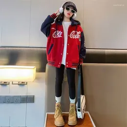 Jackets Young Girls' Hooded Baseball Jacket 2024 Spring Letter Printing Single Breasted Causal Fashion Loose Patchwork 5-12 Years Old