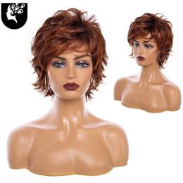 Synthetic Wigs Ombre Brown Synthetic Wigs with Bangs for White Women Short Red Grey Wave Cosplay Hair Wig Dark Root Daily Use Yourbeauty 240329