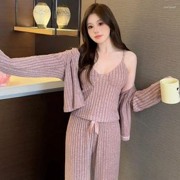 Women's Sleepwear 2024 Pyjamas For Women In Spring Autumn With Chest Cushions Cardigans Suspenders Long Pants Sexy And Pure Desire Three