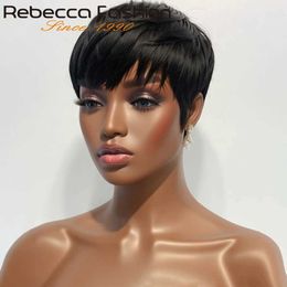 Synthetic Wigs 1B Pixie Short Cut Colored Straight Human Hair Wigs With Bangs Fringe Full Machine Made Wigs For Women Brazilian Natural Black 240329