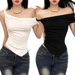 Women's T Shirts Women One Shoulder Sleeveless Bodycon Crop Top Asymmetrical Ruched Vests