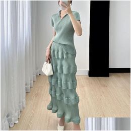 Work Dresses Miyake Pleated Advanced Set Cake Half Skirt Short Sleeve Top Casual Western Two Piece For Women 2023 Drop Delivery Appare Otejy