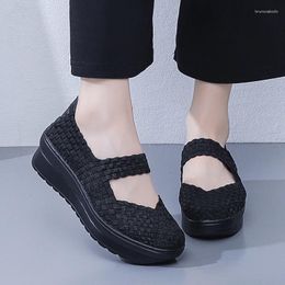 Walking Shoes 5CM Women Woven Loafers Sports Outdoor Light Flats Breathable Fitness Sneakers Black Size 35-41