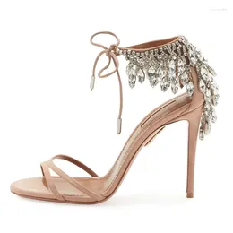 Sandals Suede Mixed Diamond Women Rhinestone Fringe Lace-Up Hollow High Heels Round Toe Stiletto Gold Party Banquet Ladies Shoes