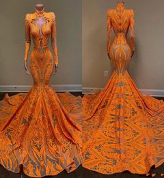 2021 Orange Mermaid Prom Dresses Long Sleeves Deep V Neck Sexy Sequined African Black Girls Fishtail Evening Wear Dress Plus Size6395909