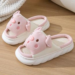 Walking Shoes Women Cute Animal Slippers Cartoon Open Toe Pig Home Sandals Anti Slip Pink Linen Comfortable For 4 Season