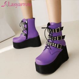 Boots Lasyarrow Motorcycle Boots For Women Autumn Platform Wedges Ankle women's Shoes Brand New 2021 Strap Fashion Goth Purple