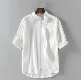 Men's Casual Shirts Summer Cotton Linen Five Point Short Sleeve Shirt Turn Stand Collar Loose And Blouses For Men