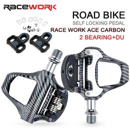 RACEWORK Road Bike Pedal Carbon Fiber Pattern Ultra Light Bearings Pedal For SPD Keo Self-Locking Bicycle Professional Pedals 240308