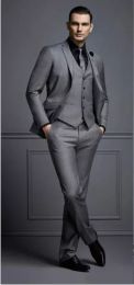 Suits Fashion Handsome Dark Gray Mens Suits Groom Blazer Wedding Suits For Best Men Slim Fit Groom Tuxedos For Man(Jacket+Vest+Pant)