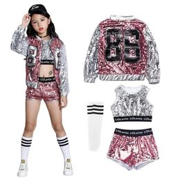 LOlanta 414 Years Girls Pink Sequin Crop Tops Shorts Jacket Dancewear Costume Hip Hop Modern Jazz Dance Stage Performance Wear 240306